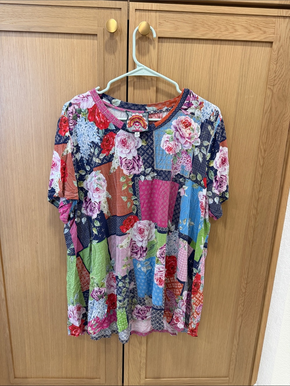 Johnny Was Multicolor Floral Patchwork Short Sleeve Tee